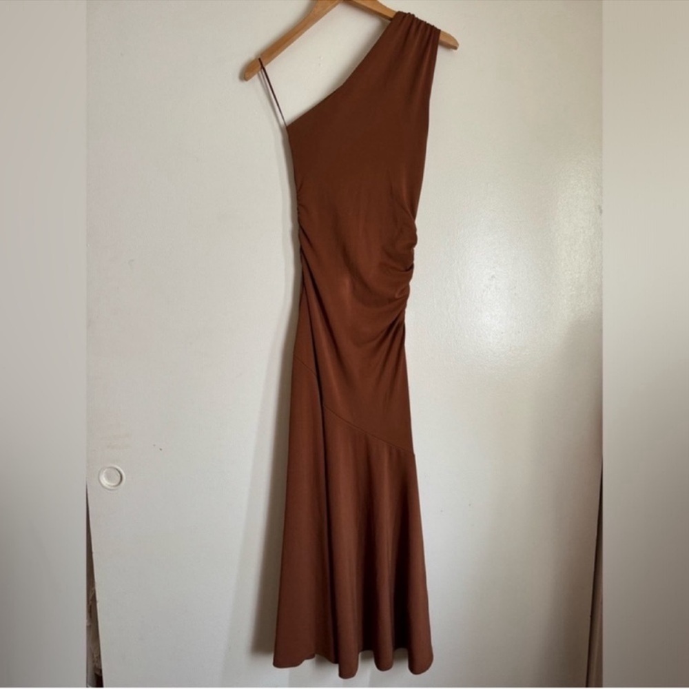 One-Shoulder Brown Maxi Dress with Side Ruching - Picture 6 of 13